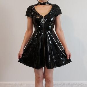 Killstar Sin City Black PVC Skater Dress With Pentacle Zipper Size S